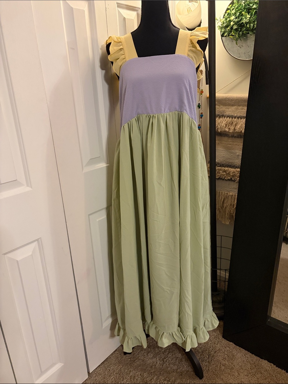 Sister Jane Pastel Ruffle Strap Midi Dress in Lavender, Pale Yellow & Sage